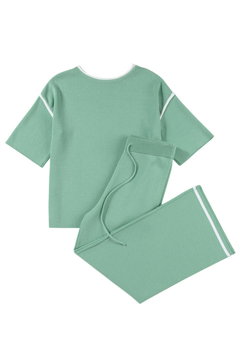 Contrast Trim Textured Knit Half Sleeve Drop Shoulder Drawstring Waist Wide Leg Two Piece Pant Set